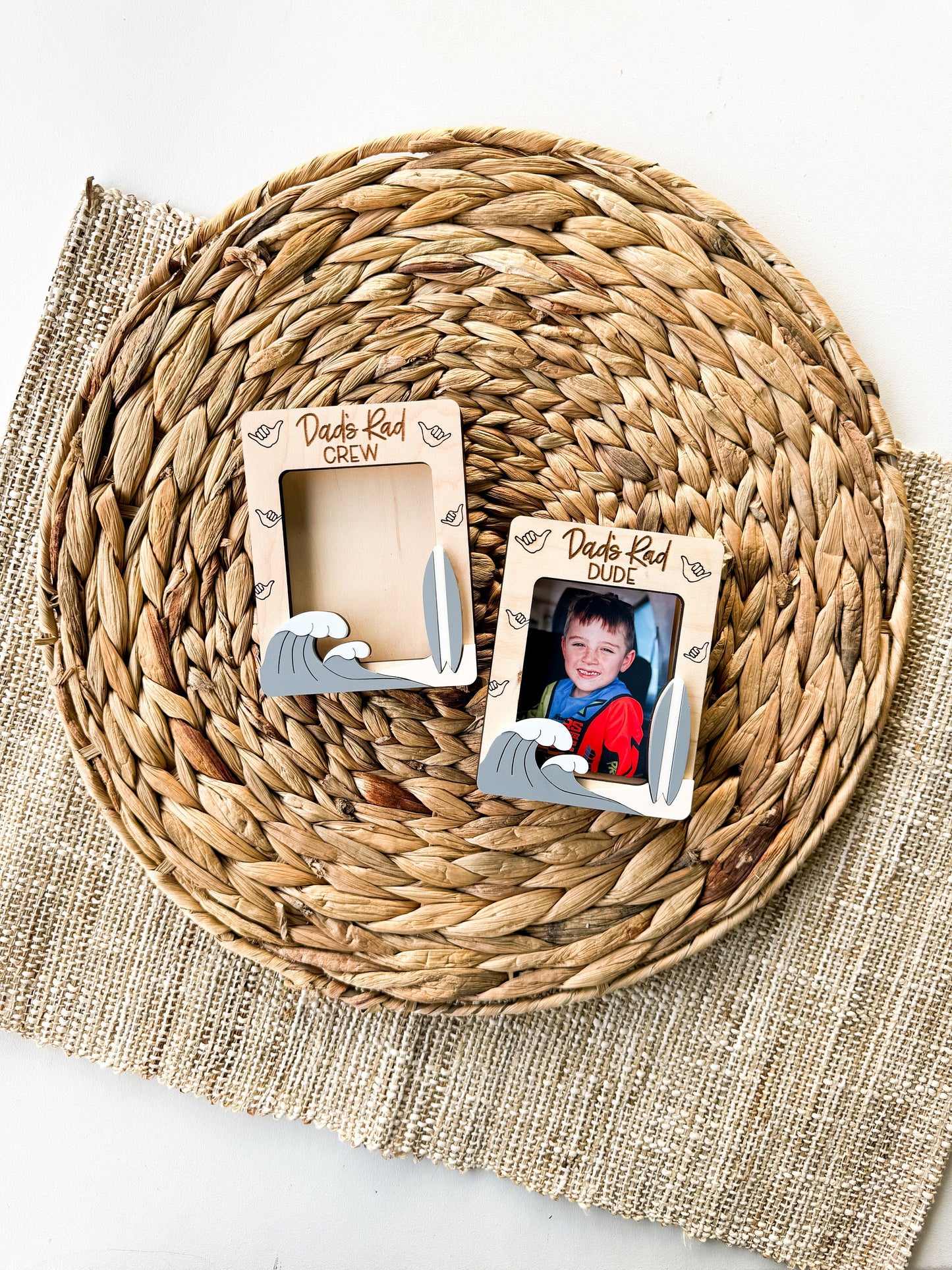 Surfboard-shaped maple wood photo frame with Rad Dude design and custom name