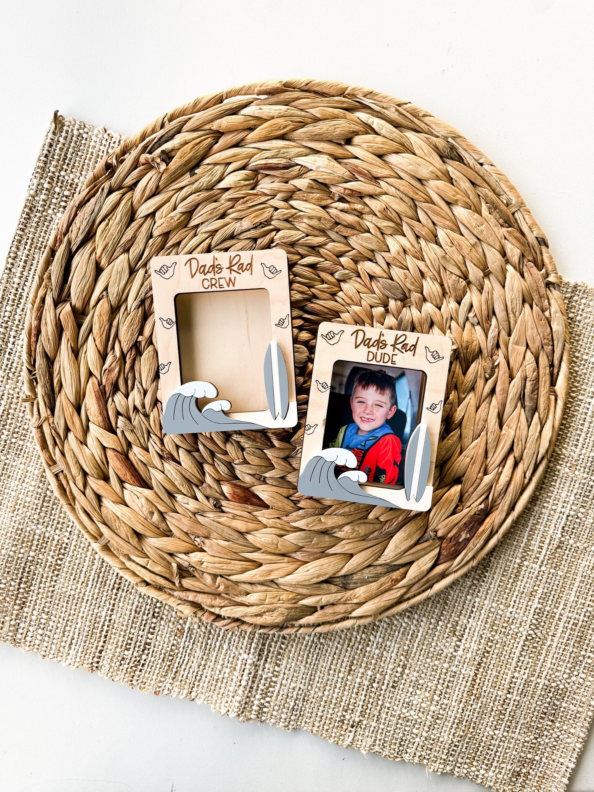 Surfboard-shaped maple wood photo frame with Rad Dude design and custom name