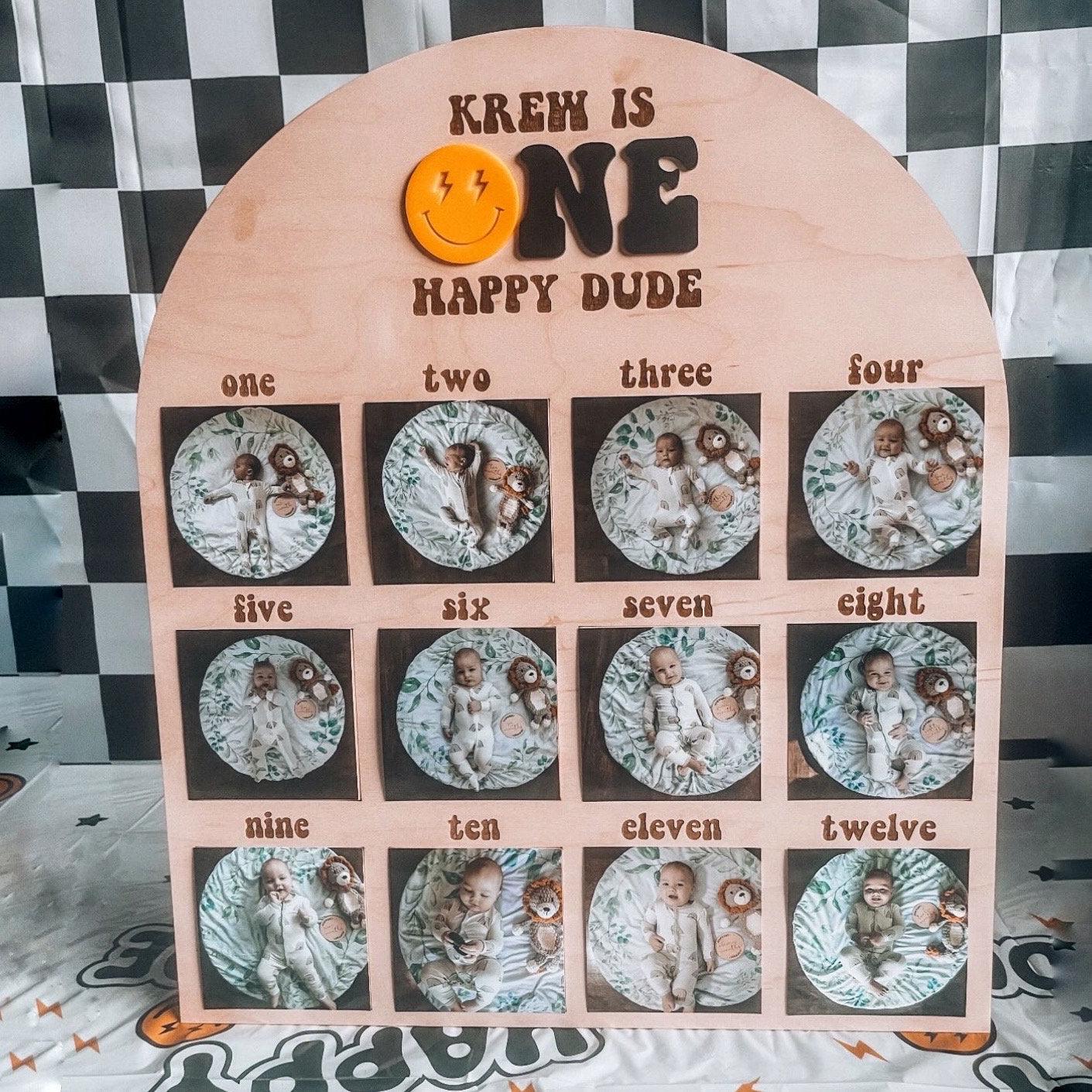 One Rad Dude first year photo board in maple wood, checkerboard 1st birthday monthly display
