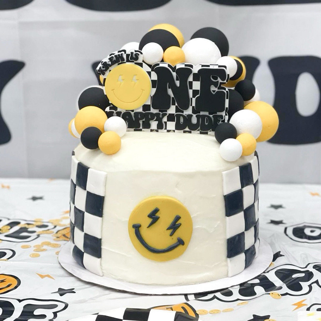 One Happy Dude First Birthday Cake Topper | Smiley 1st Party Decor Personalized Name