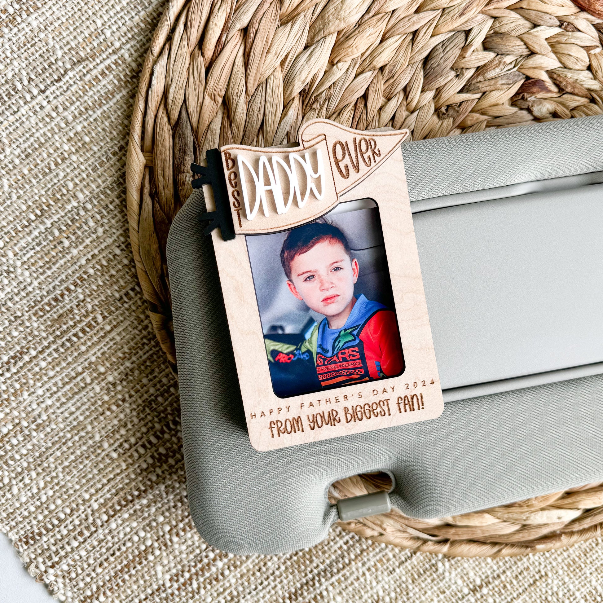 Personalized Best Papa Ever photo frame showing custom name and maple wood construction