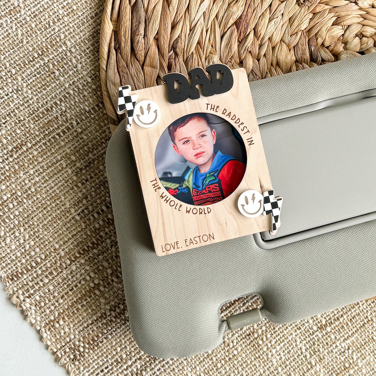 Rad Dad personalized maple wood photo magnet or visor clip, Father's Day gift from kids