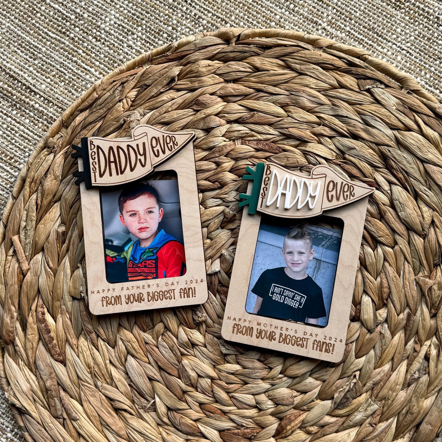 Personalized wooden photo frame displayed as fridge magnet or visor clip for Dad