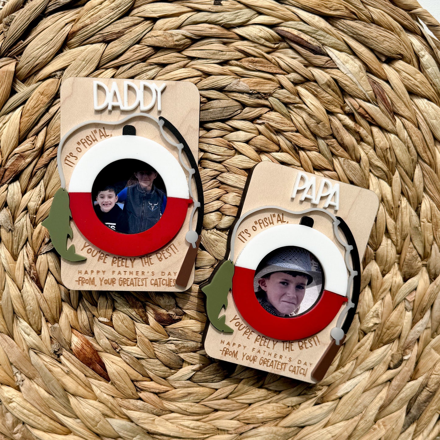 Personalized fishing photo magnet or visor clip in maple wood, Father's Day gift from kids