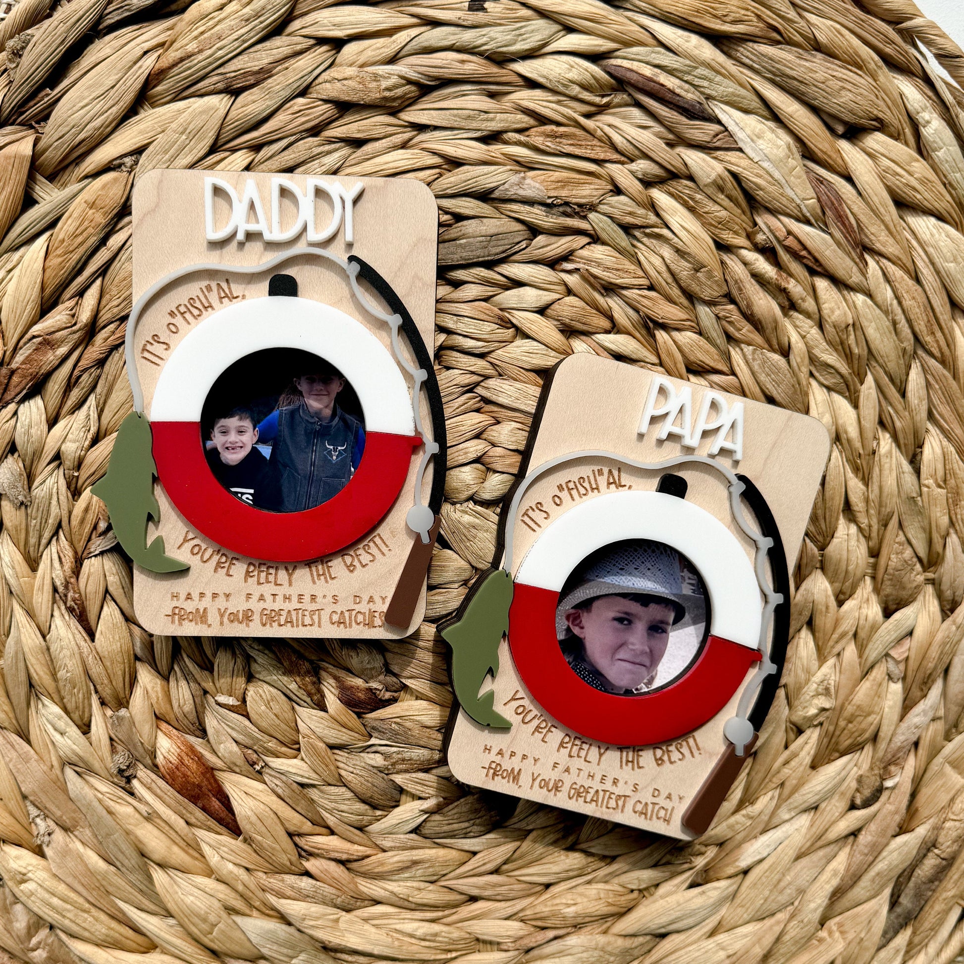Personalized fishing photo magnet or visor clip in maple wood, Father's Day gift from kids