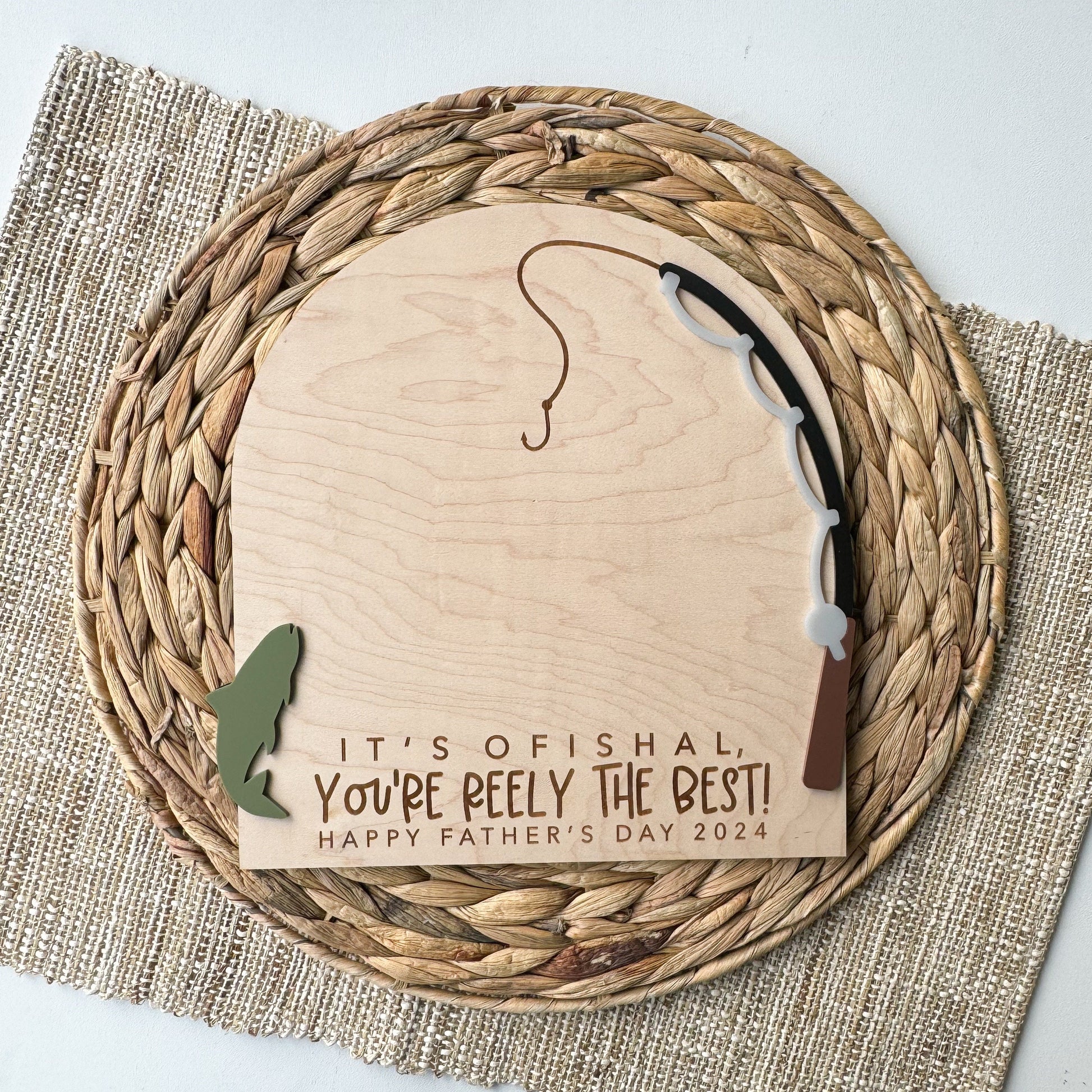Fishing footprint plaque for Dad with layered acrylic fish and hook accents