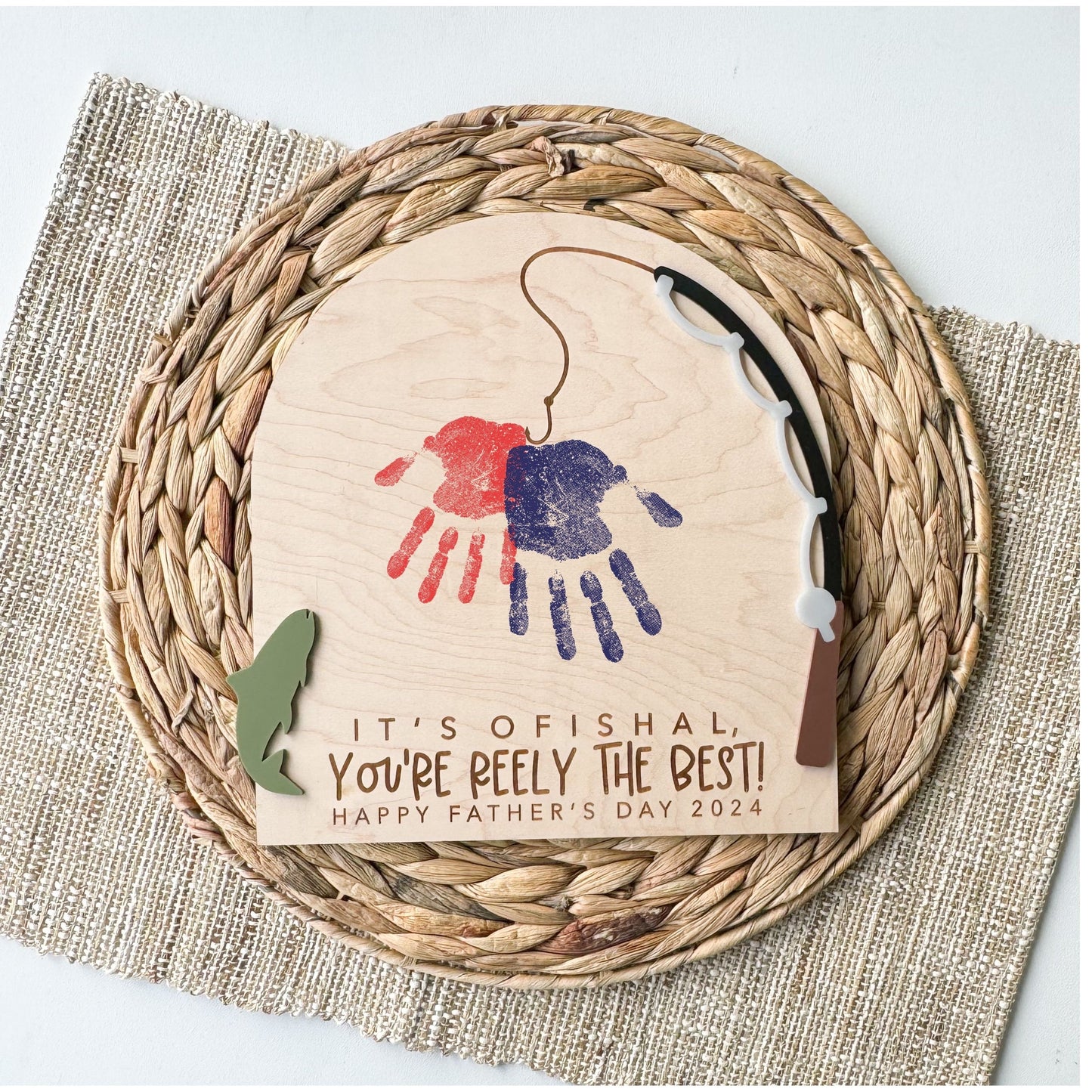 Fishing handprint plaque for Dad with fish hook detail and custom Father’s Day wording