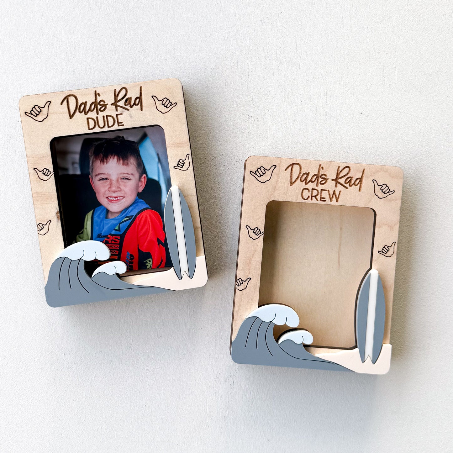 Close-up of Rad Dude surfboard photo frame with personalized name and photo slot