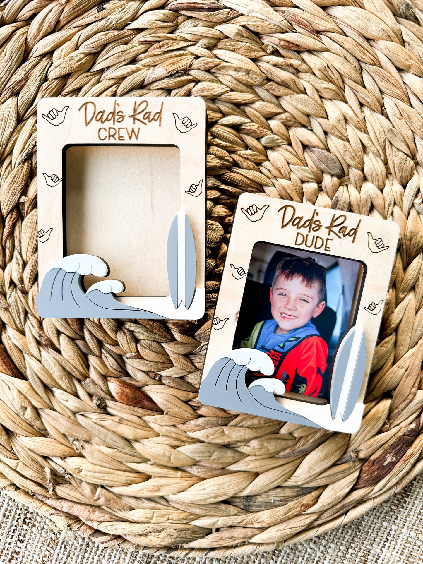 Rad Dude personalized surfboard photo frame in maple wood, fun Father's Day gift for cool Dad