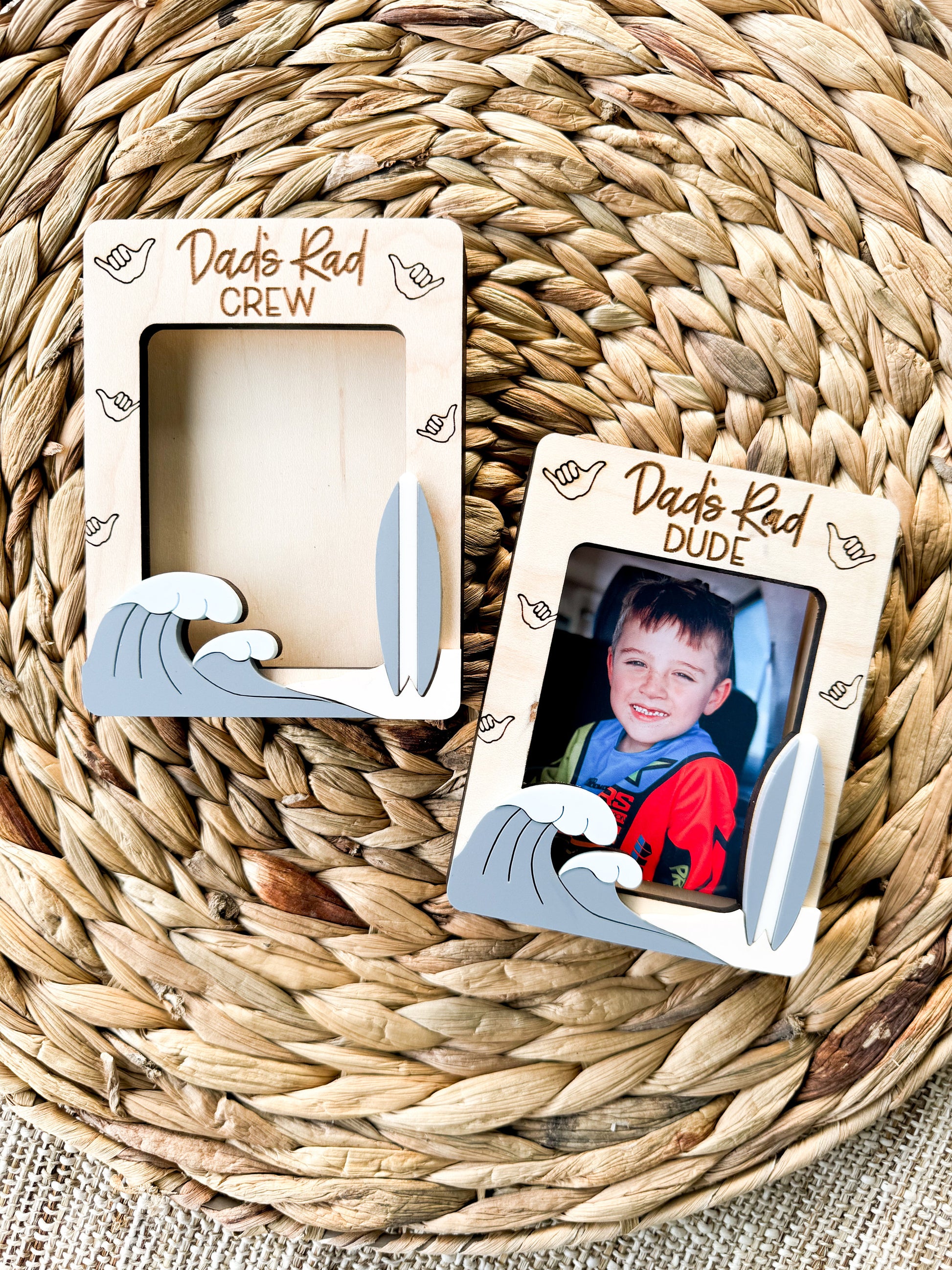 Rad Dude personalized surfboard photo frame in maple wood, fun Father's Day gift for cool Dad