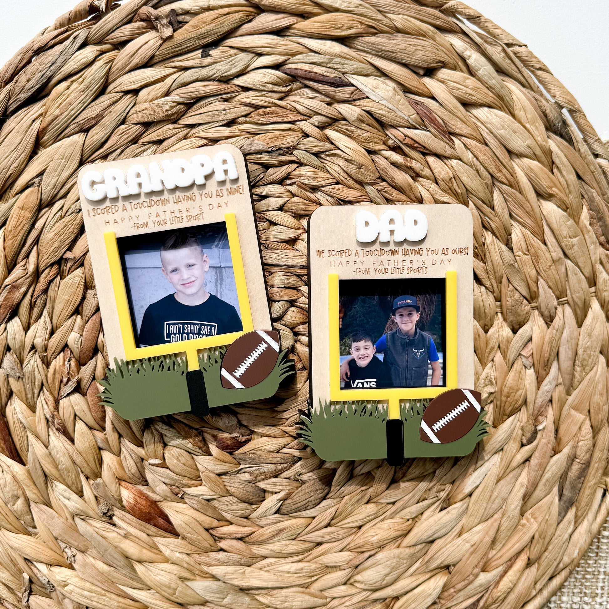 Personalized football photo frame displayed as magnet or visor clip, Father's Day keepsake