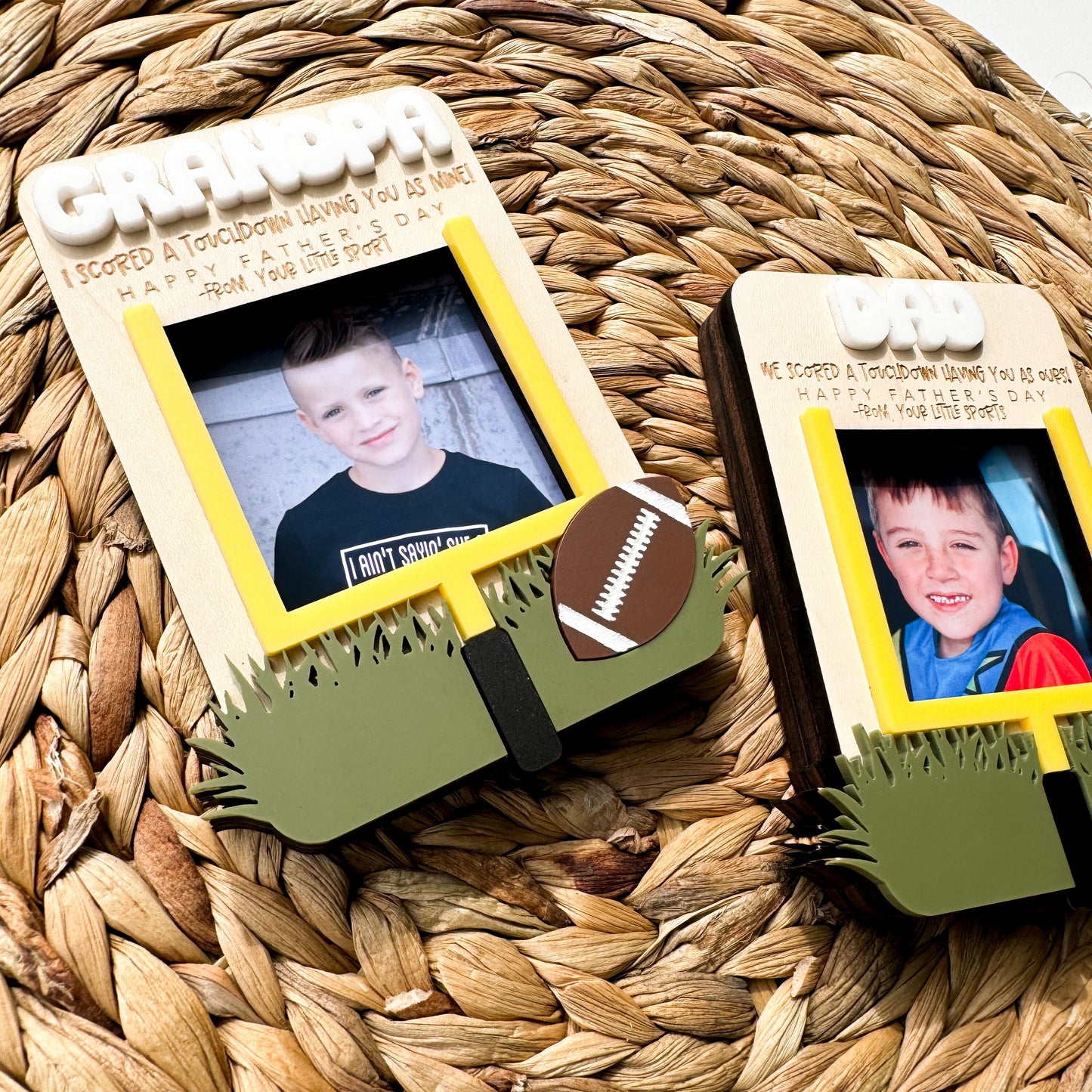 Football-themed maple wood photo frame with custom name, personalized sports Dad gift