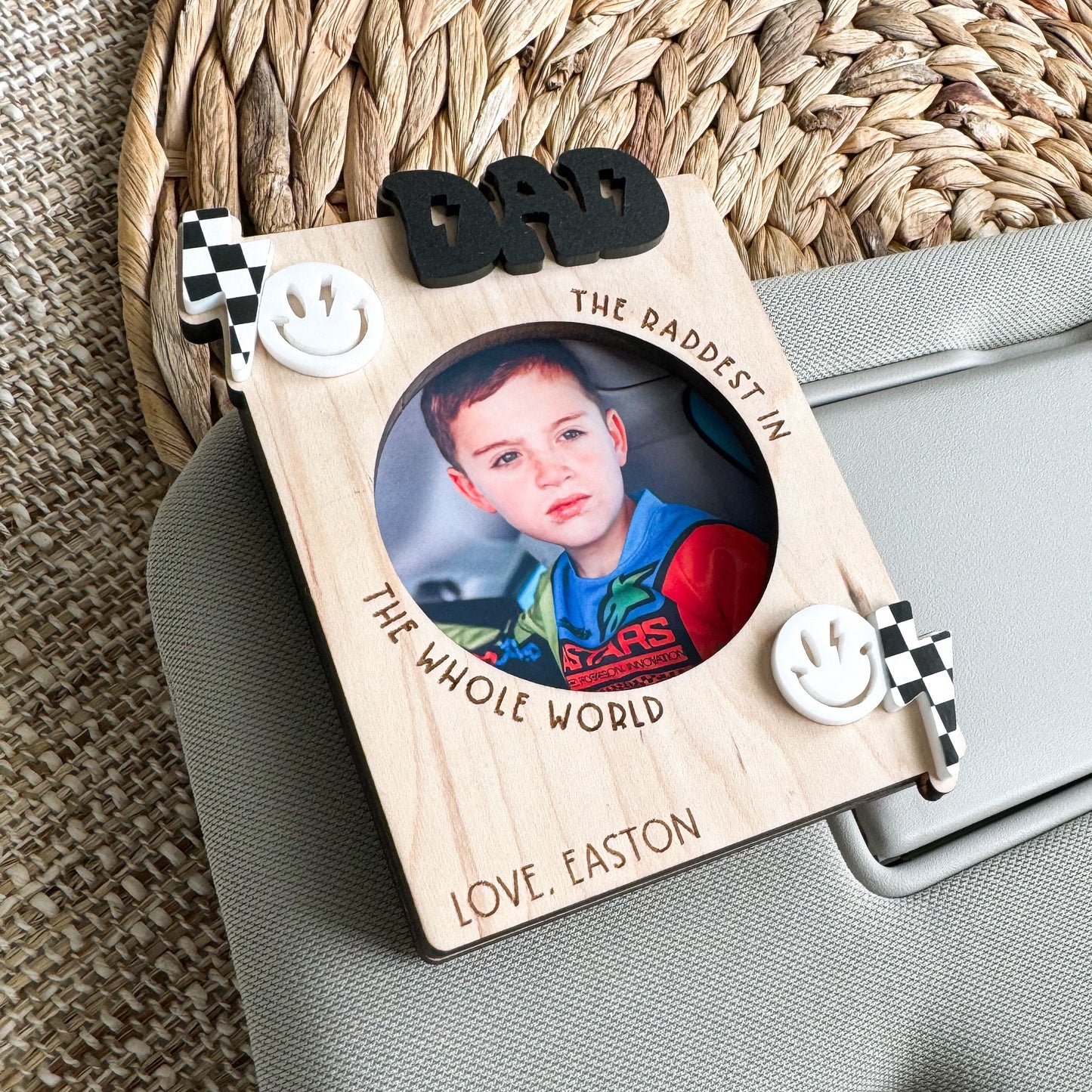 Personalized maple wood photo frame for Dad with custom engraved name and message