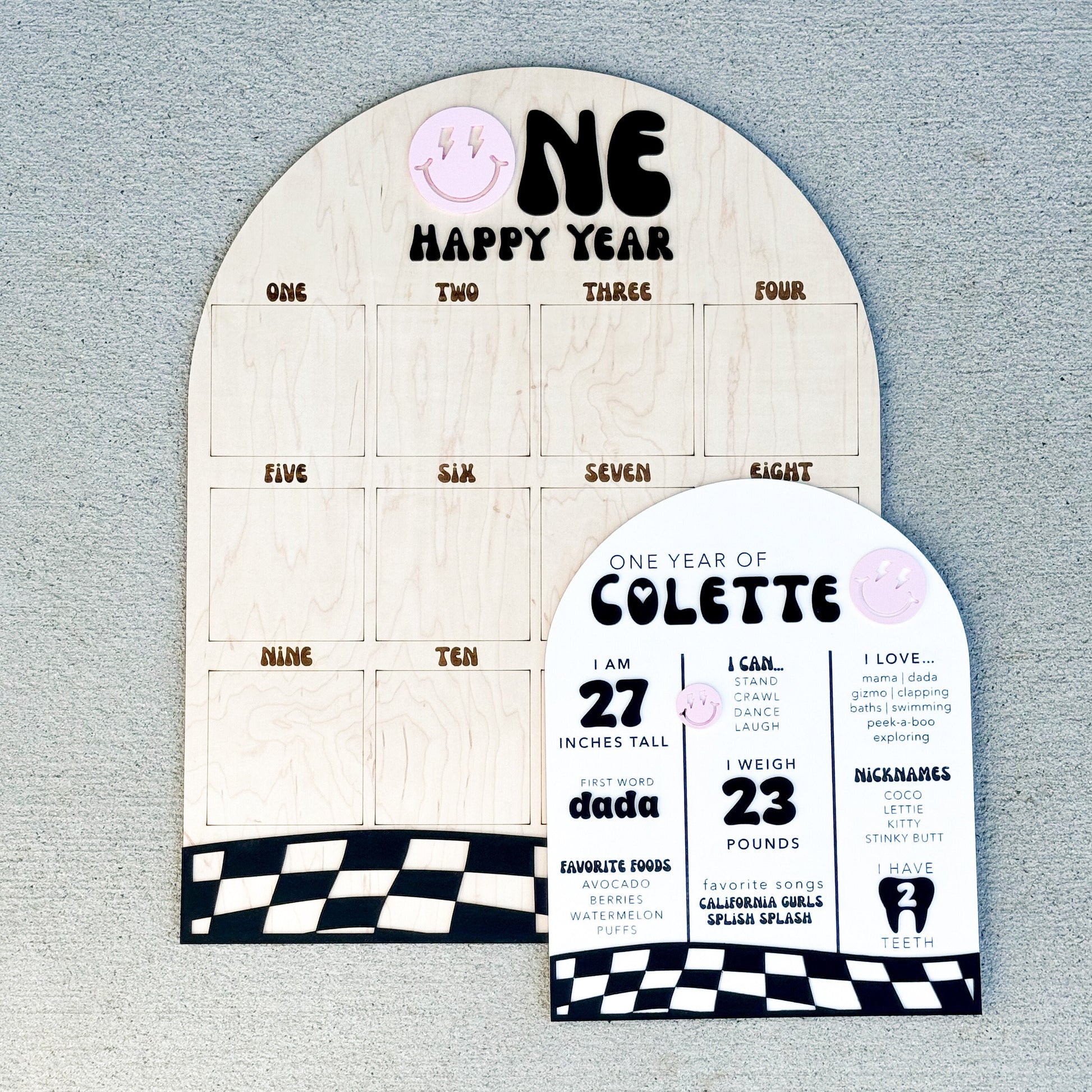 Close-up of One Happy Babe first year photo board with personalized name detail