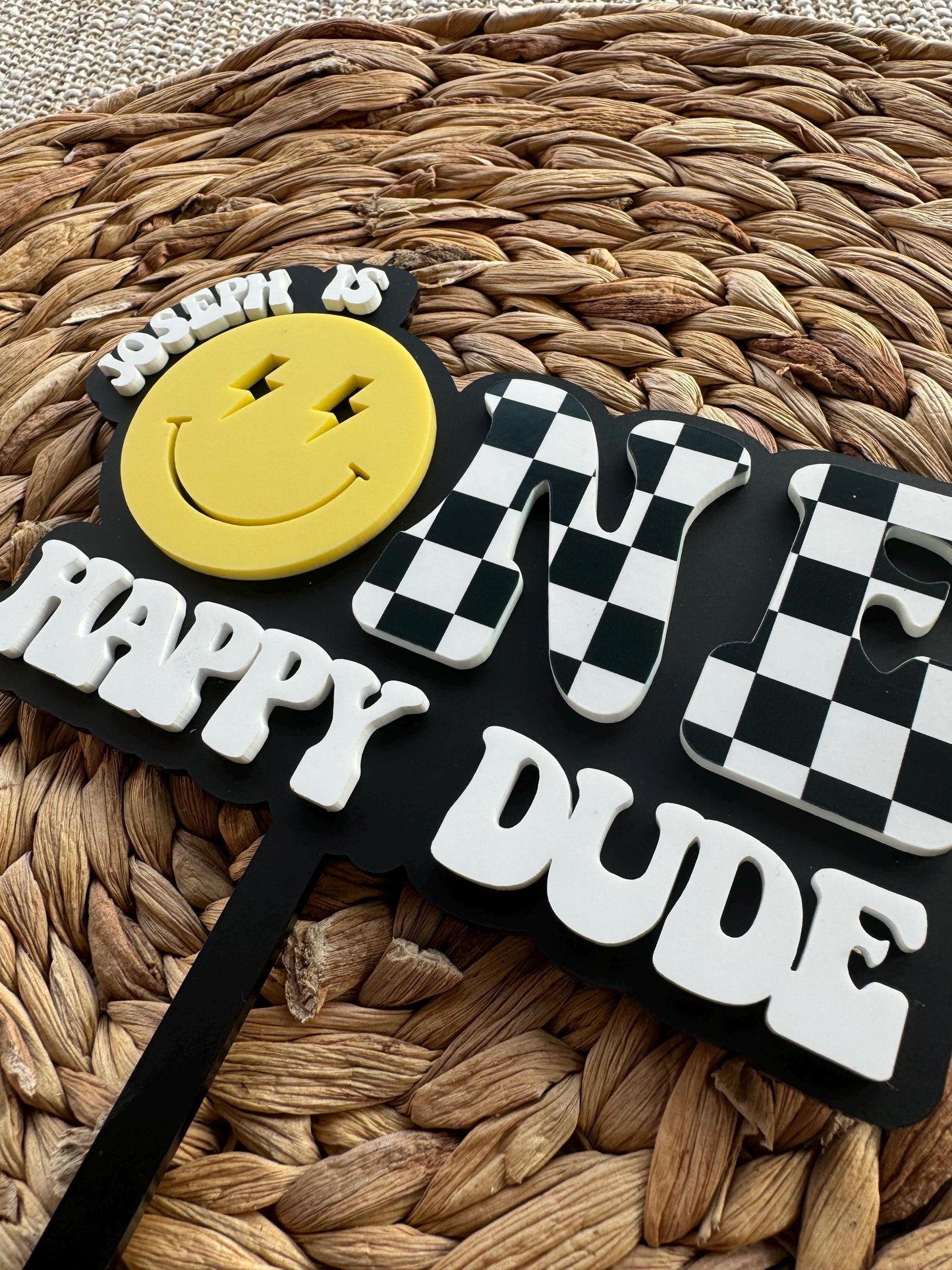 One Happy Dude First Birthday Cake Topper | Smiley 1st Party Decor Personalized Name