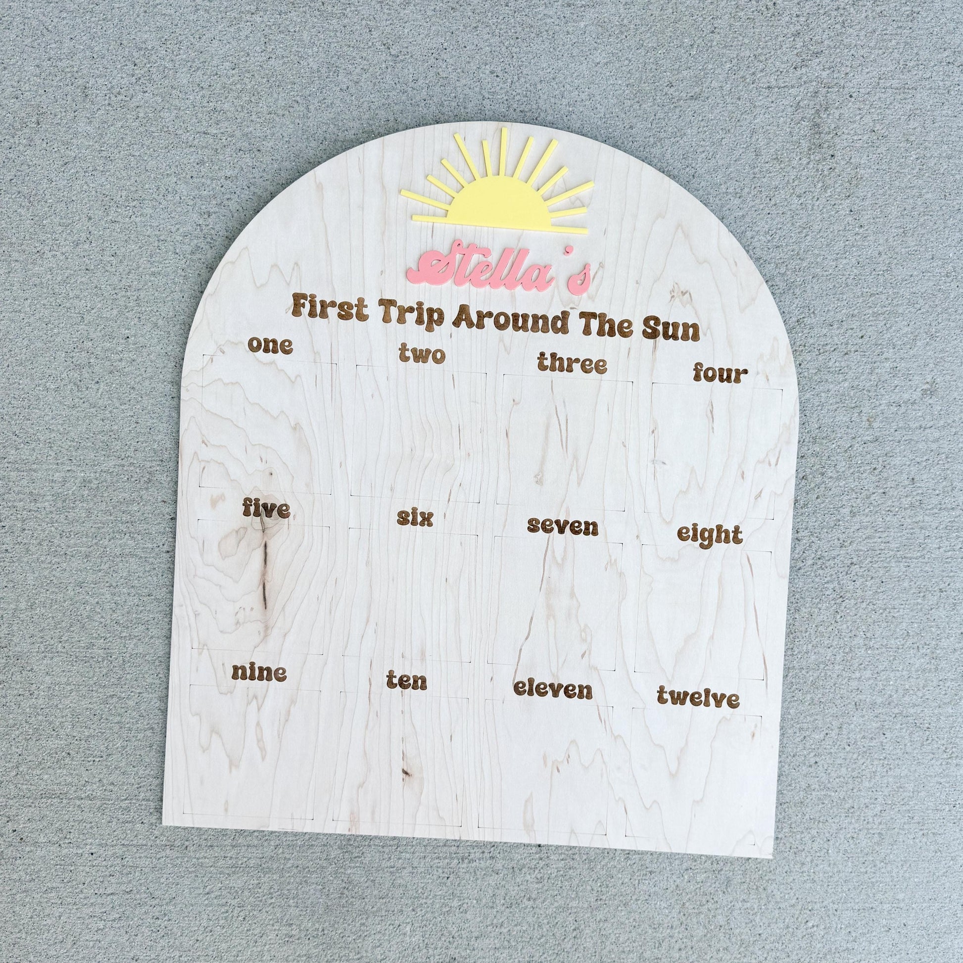 First Trip Around the Sun photo board in maple wood, boho 1st birthday monthly milestone display