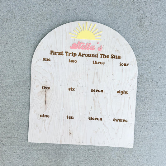 First Trip Around the Sun photo board in maple wood, boho 1st birthday monthly milestone display