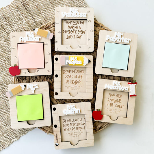Personalized maple wood teacher note pad holder with engraved name, apple and pencil accents