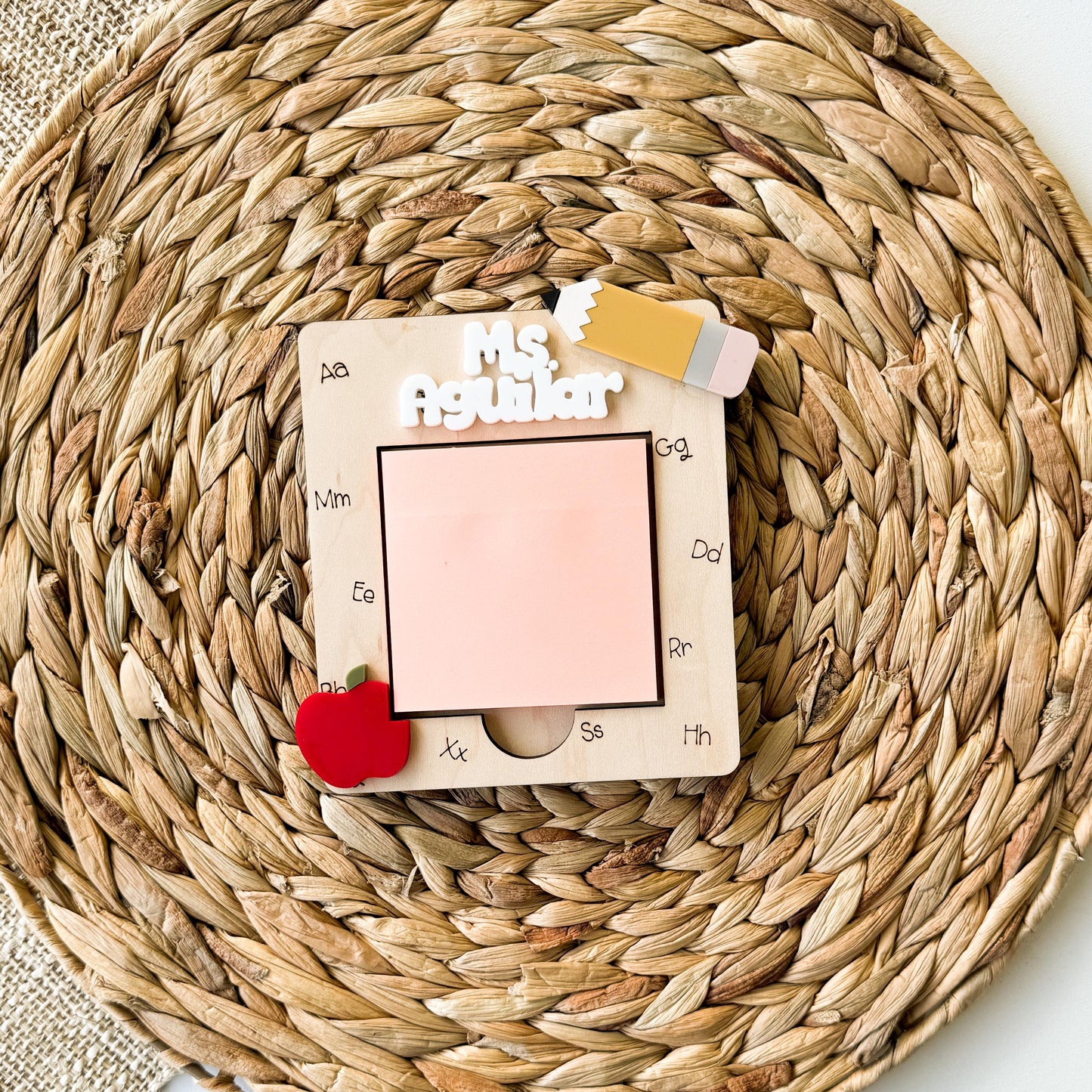 Personalized teacher sticky note holder with apple and pencil design end of year gift