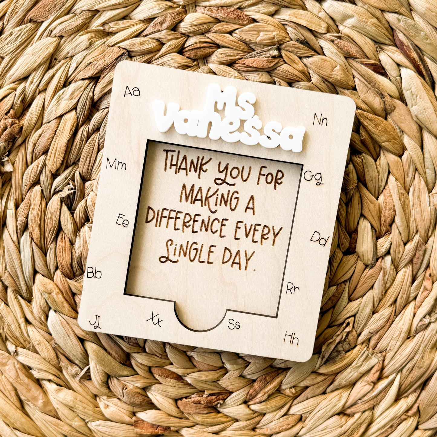 teacher appreciation gift sticky note holder with alphabet border and custom name