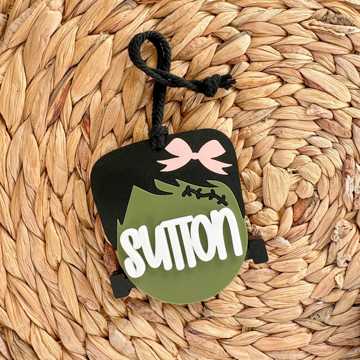Personalized Frankenstein Boo Basket Tag | Maple Wood and Acrylic Halloween Name Tag