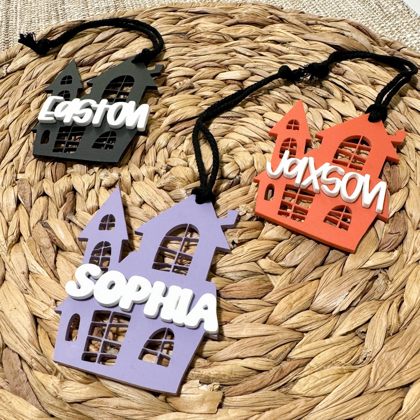 Personalized Halloween boo basket tag made from acrylic with custom name, spooky season gift