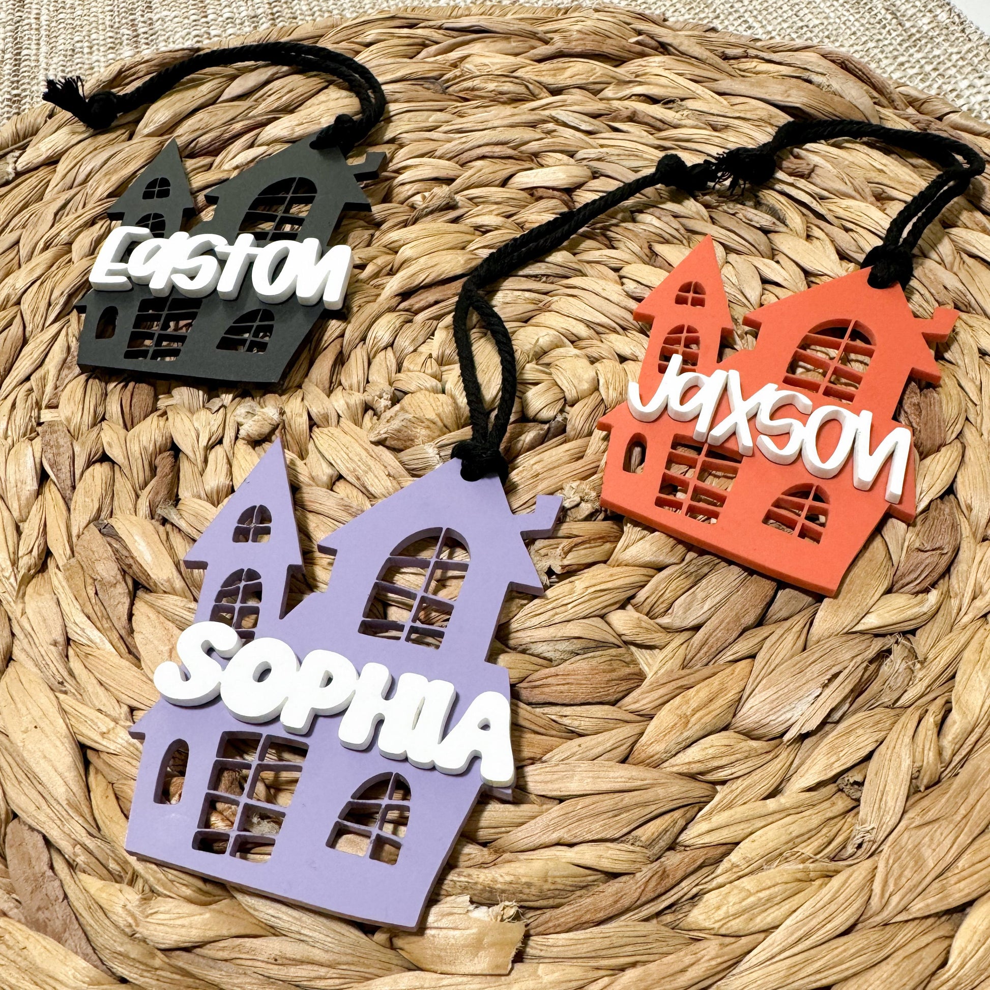 Personalized Halloween boo basket tag made from acrylic with custom name, spooky season gift