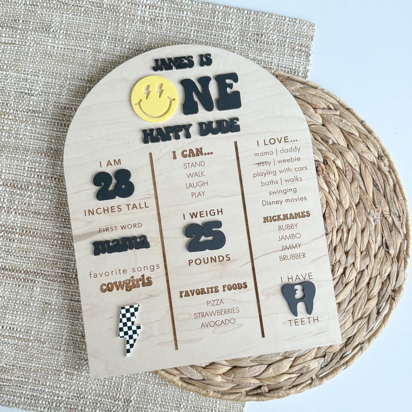 One Happy Dude first birthday milestone stat board in maple wood with personalized baby stats