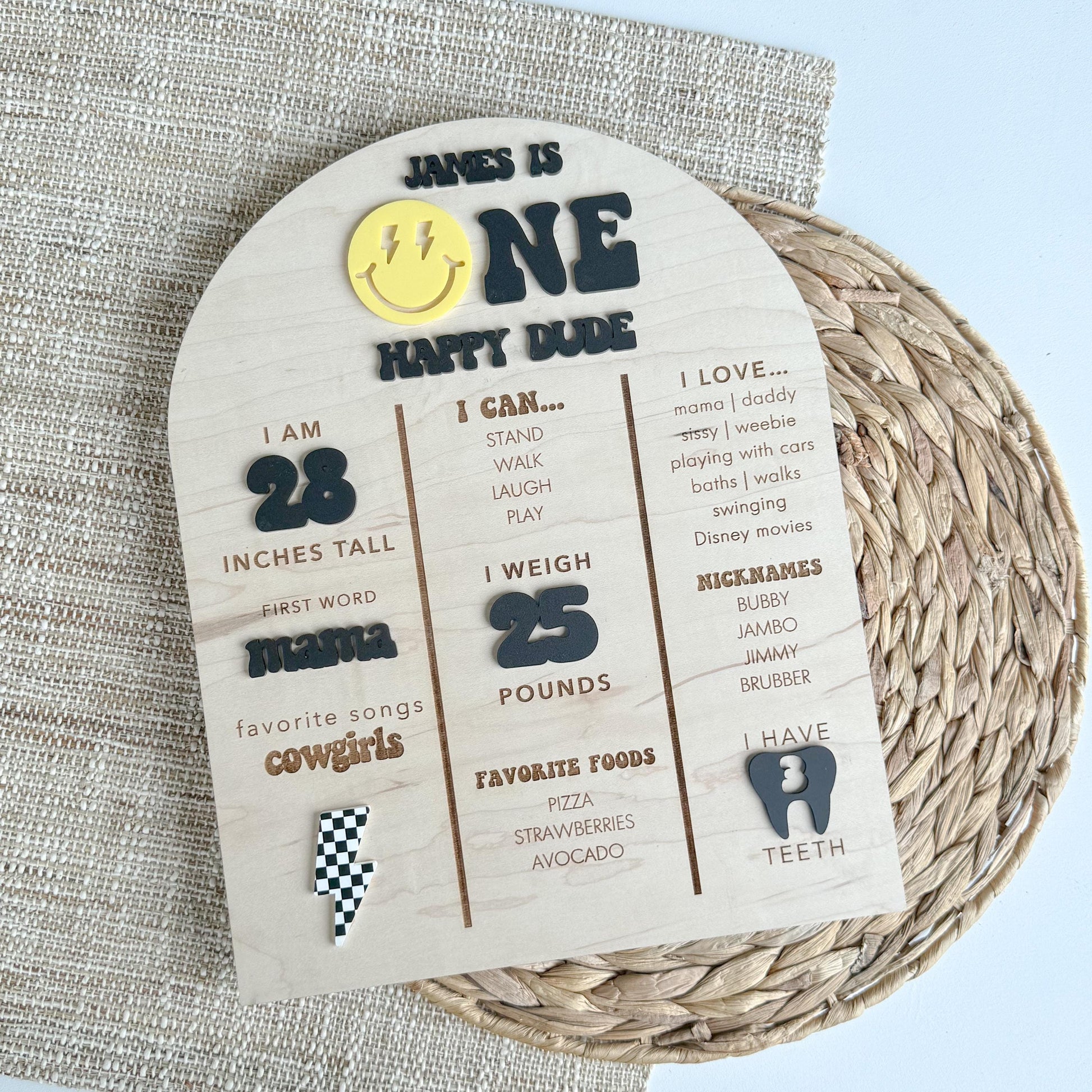 One Happy Dude first birthday milestone stat board in maple wood with personalized baby stats