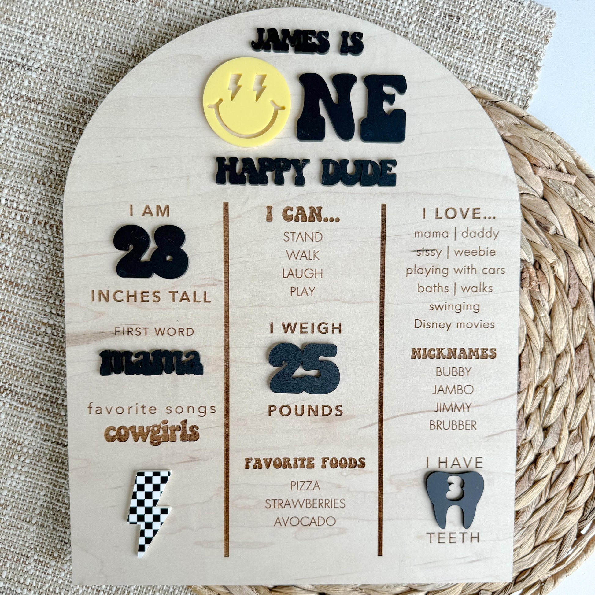 One Happy Dude milestone stat sign for first birthday party decor, maple wood