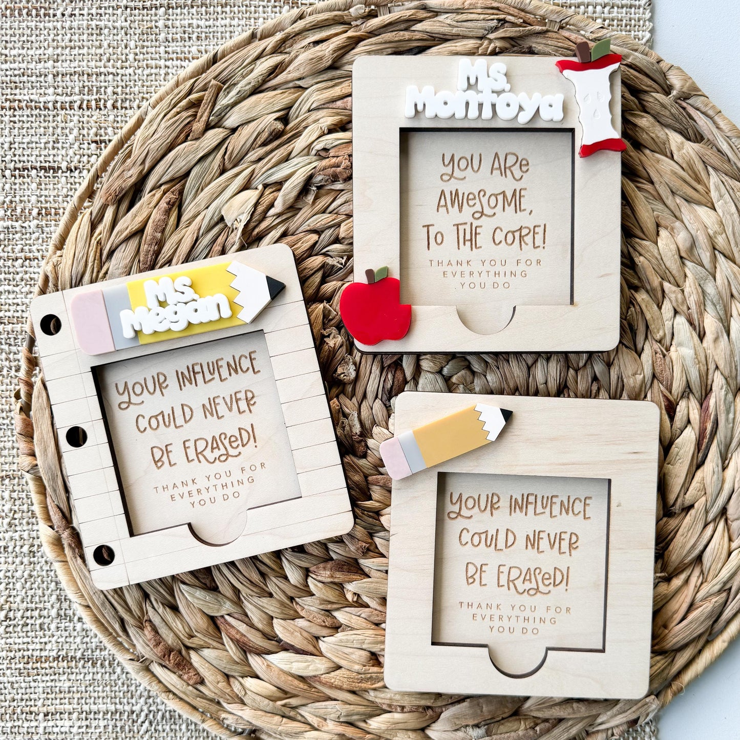 Multiple personalized teacher note pad holders with different custom names and messages