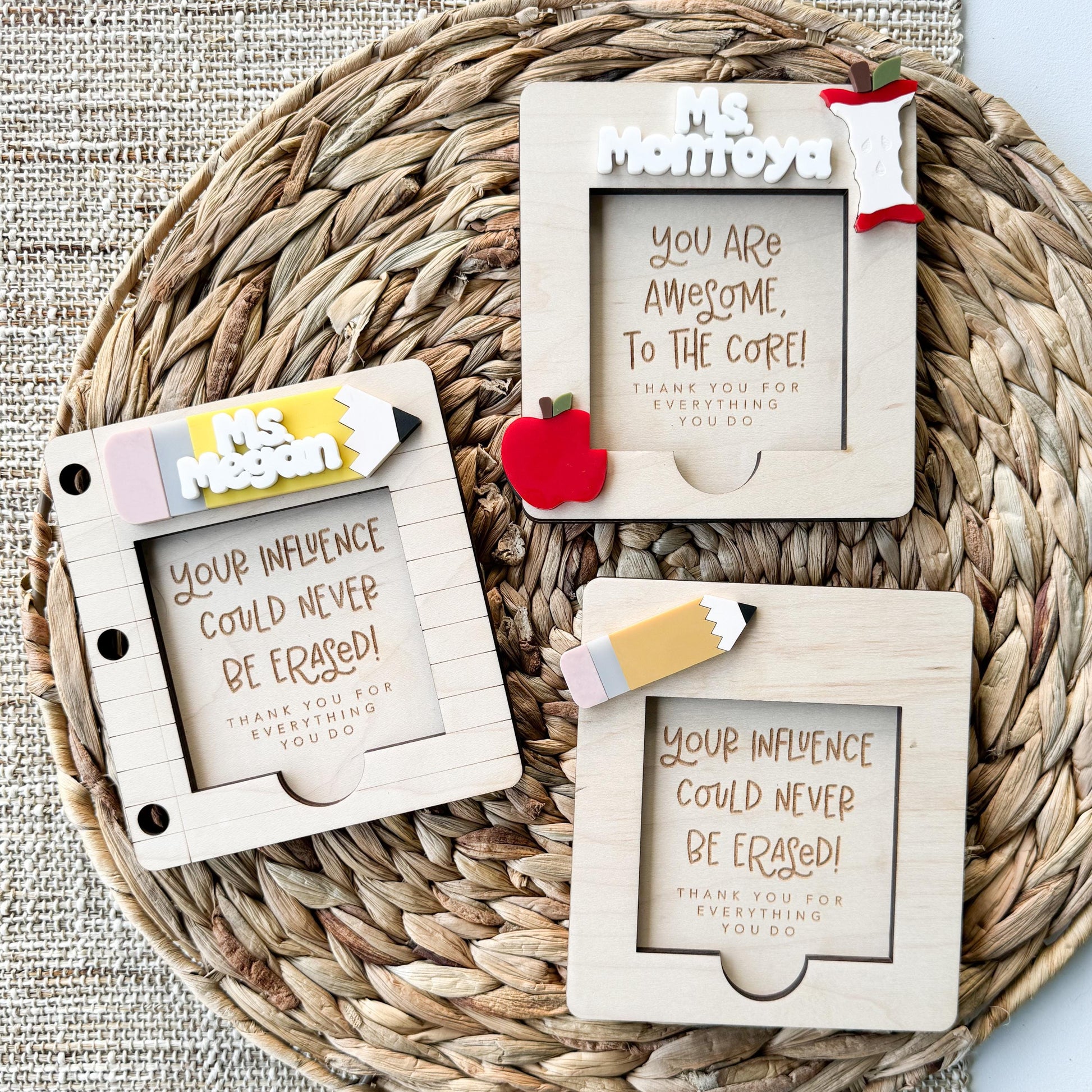 Multiple personalized teacher note pad holders with different custom names and messages