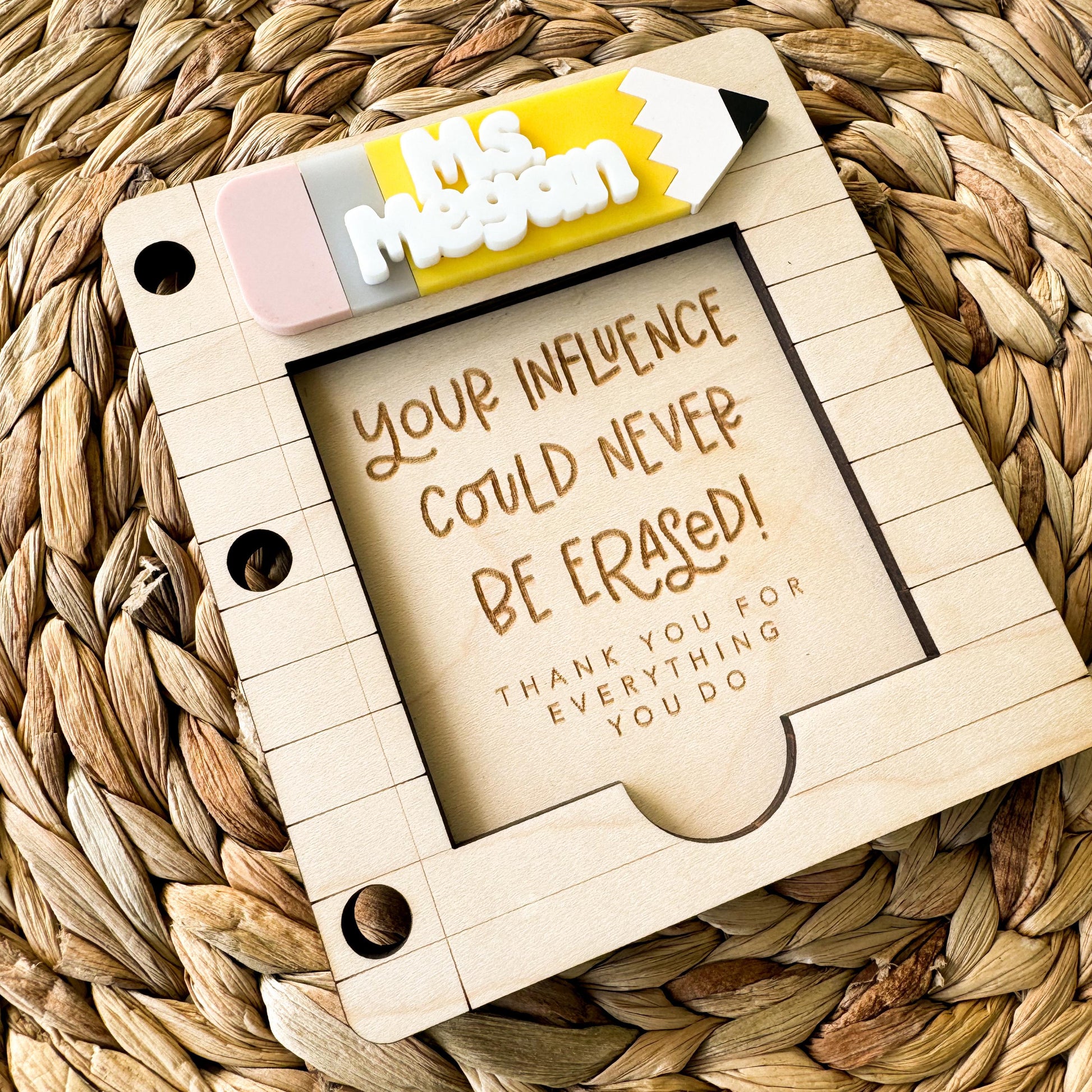 Personalized teacher note pad holder displaying engraved message and custom teacher name