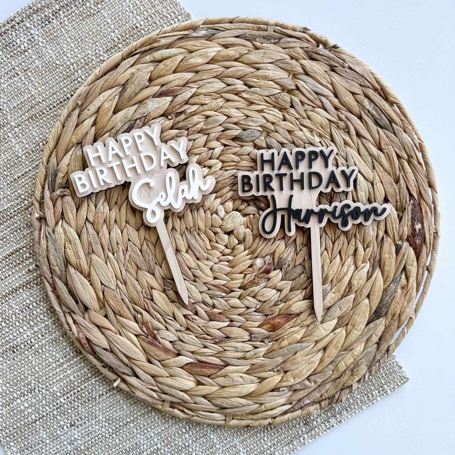 Happy Birthday modern custom cake topper in wood and acrylic, personalized for any birthday
