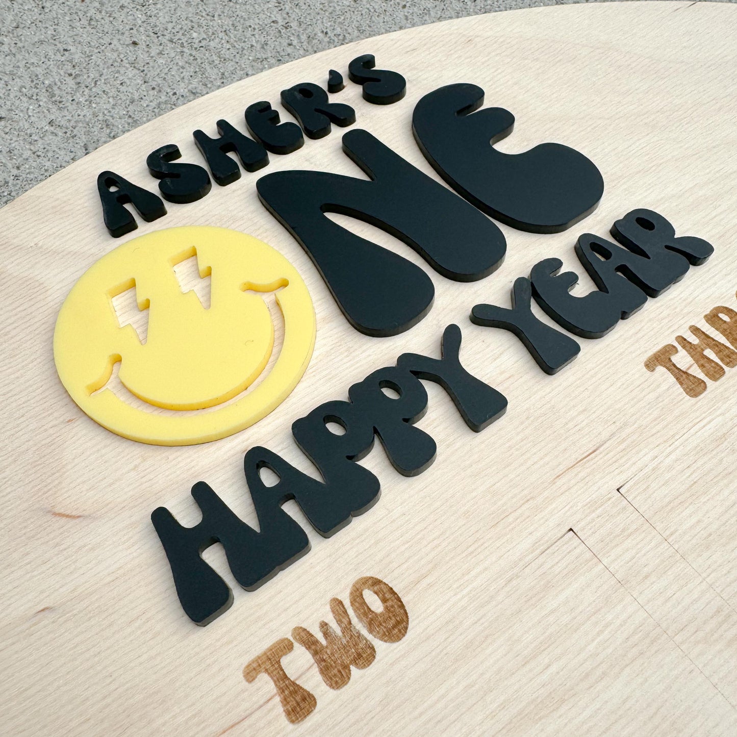 Personalized One Happy Babe first year photo display board for first birthday party