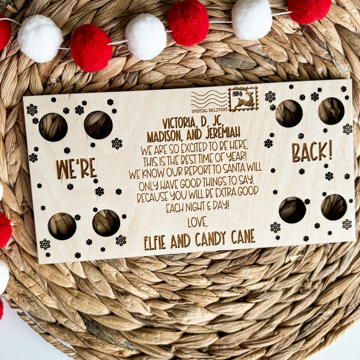 Two elf wooden arrival letter with snowflake accents for Christmas morning