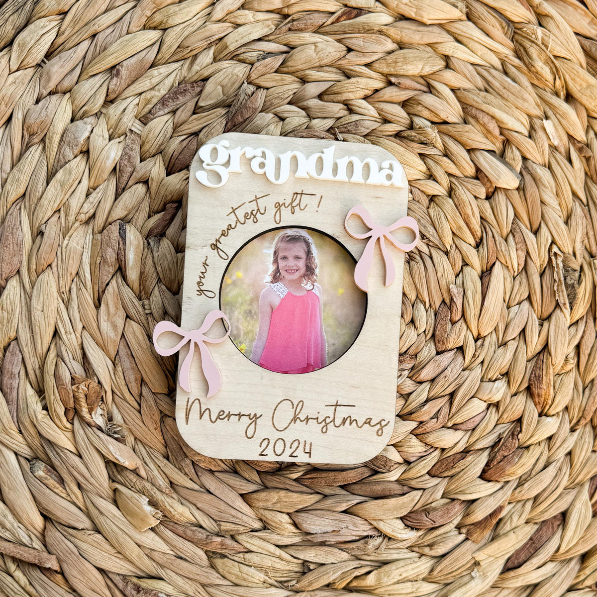 Personalized grandma photo magnet with bow design, custom picture frame gift from kids wood acrylic