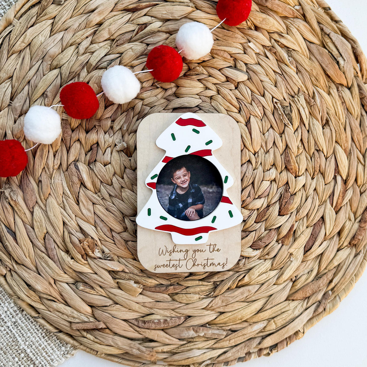 Christmas photo frame magnet in maple wood and acrylic with a custom message