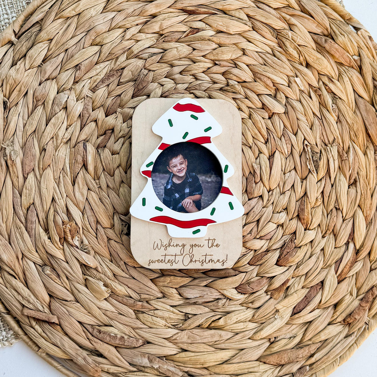 Wood Christmas photo magnet holding a favorite family picture
