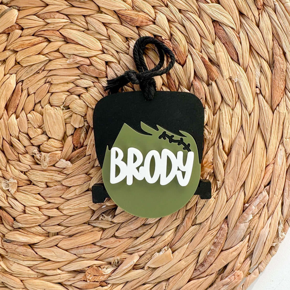 Personalized Frankenstein Boo Basket Tag | Maple Wood and Acrylic Halloween Name Tag