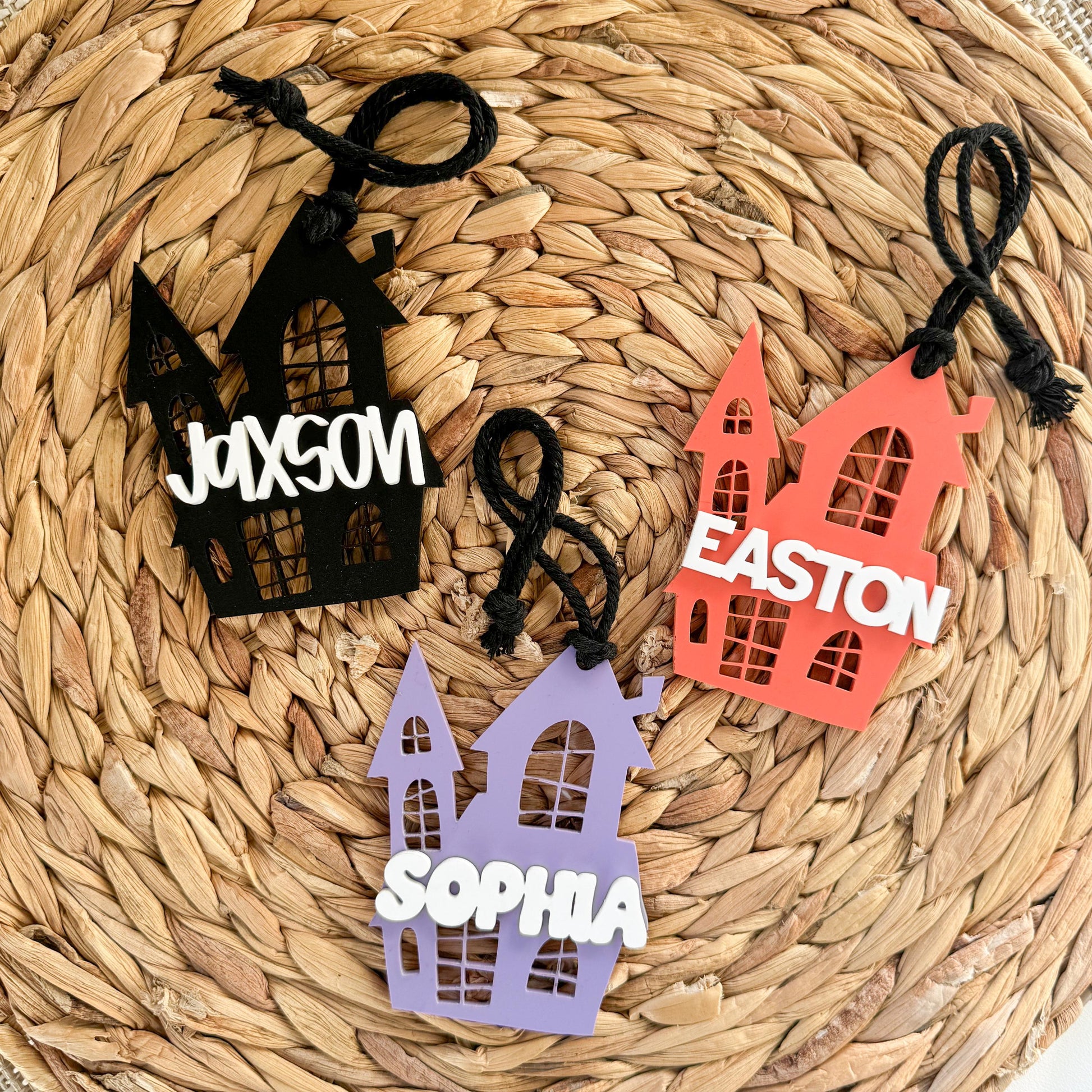Personalized acrylic Halloween basket tag with custom name — boo basket gift tag for kids