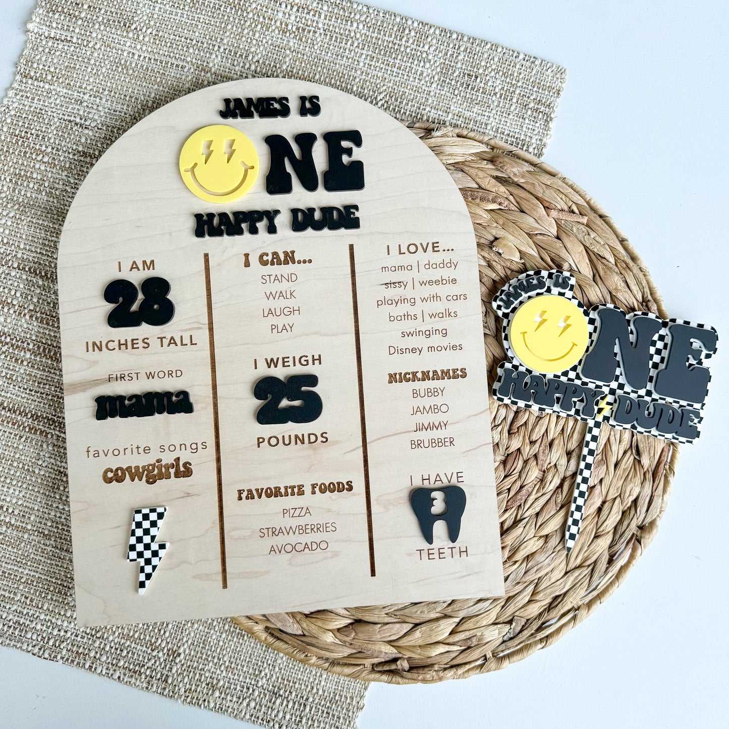 Personalized One Happy Dude 1st birthday party stat board showing baby stats and name