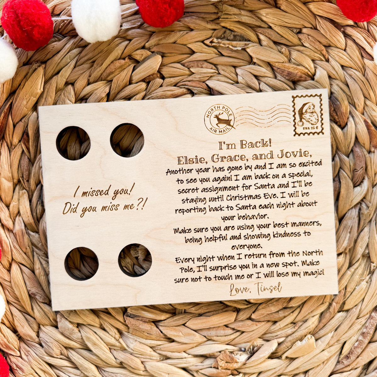 One elf welcome back postcard in engraved maple wood with cutouts for your elf's arms and legs