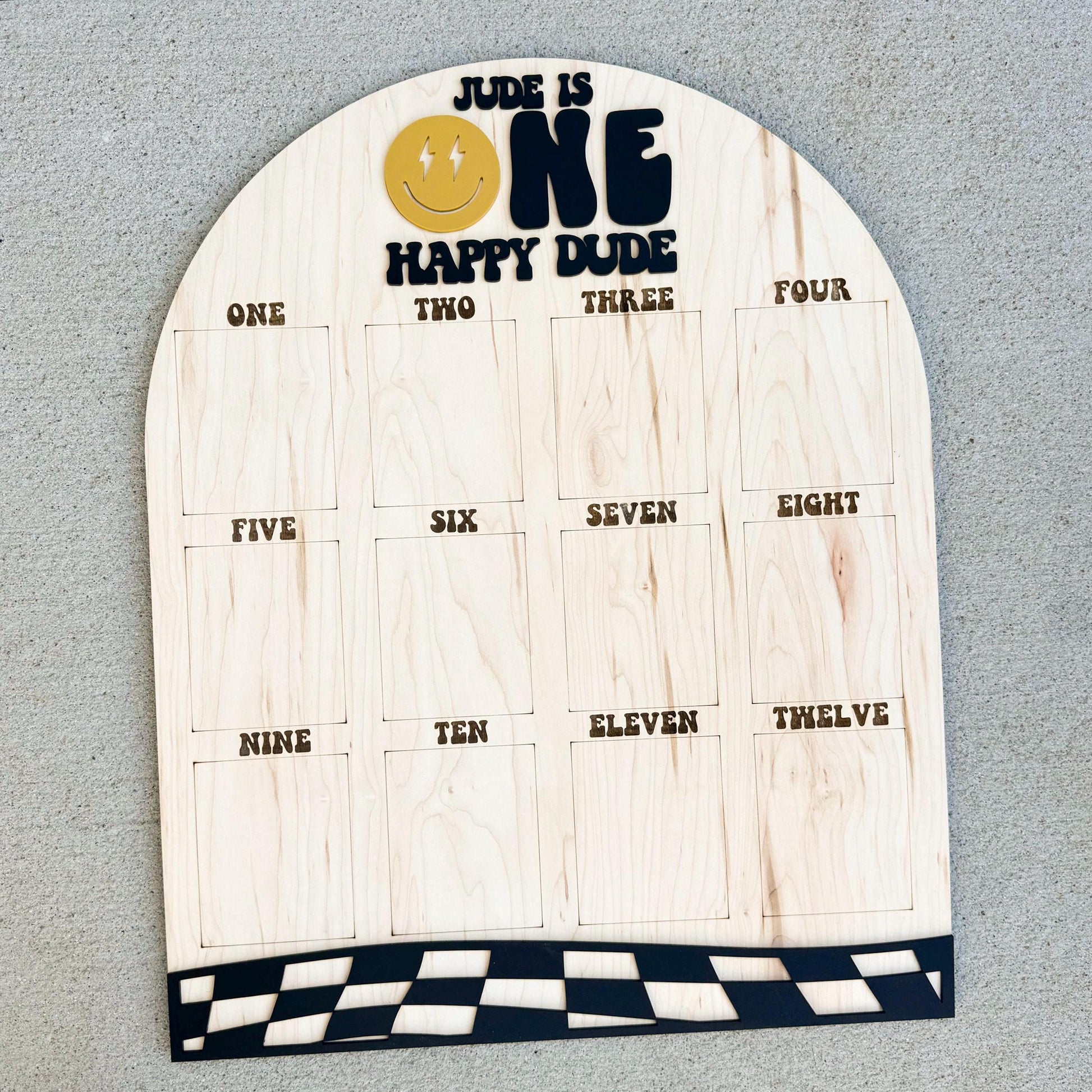 One Happy Babe checkerboard first year photo board in maple wood, 1st birthday monthly display