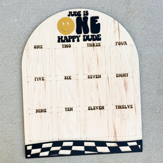 One Happy Babe checkerboard first year photo board in maple wood, 1st birthday monthly display