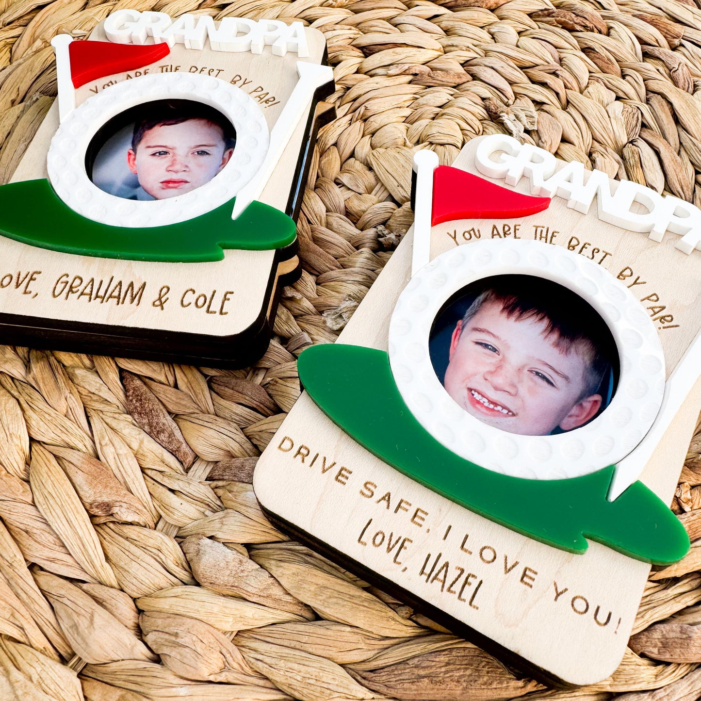 custom dad photo frame golf theme wood visor clip with engraved message