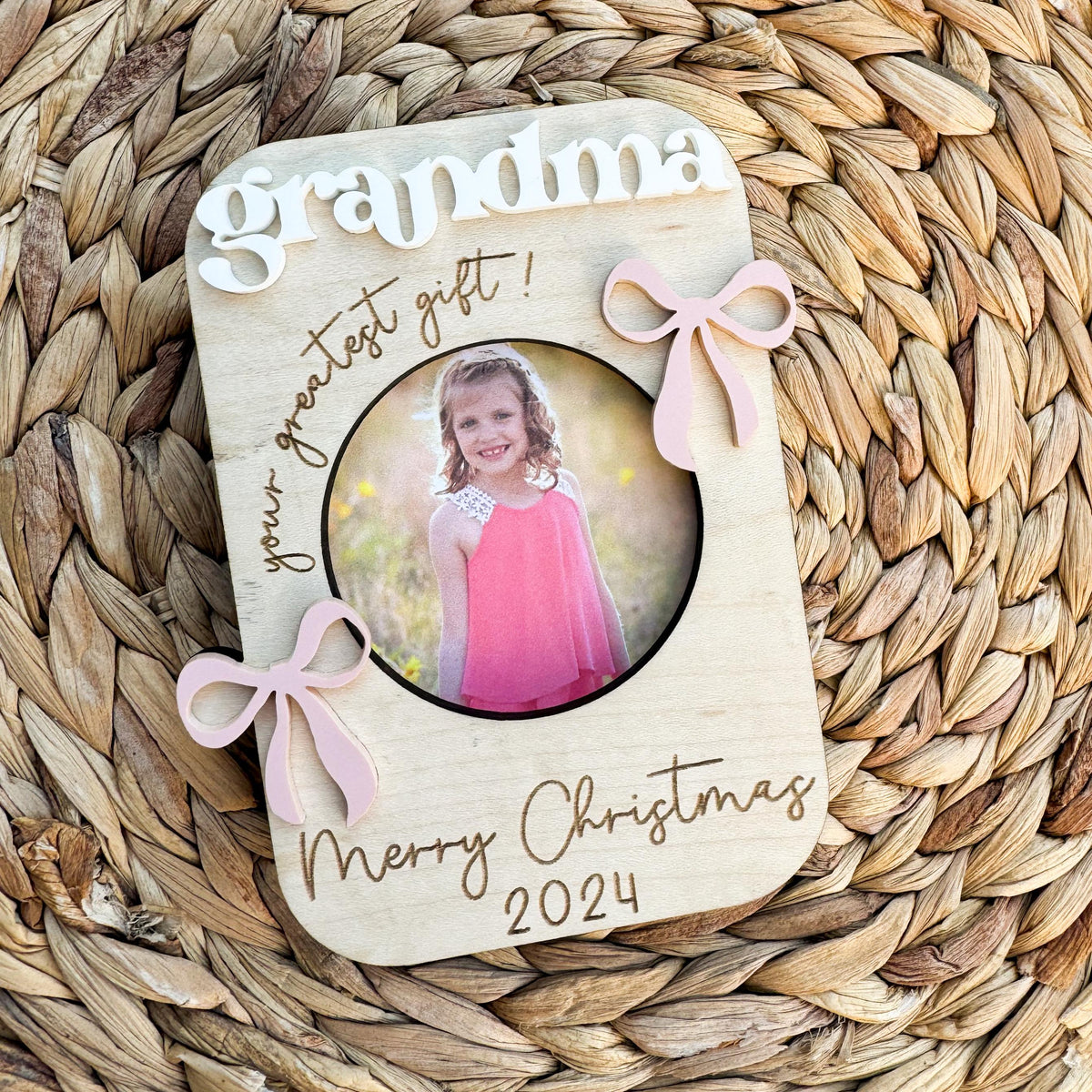 Personalized grandma photo frame magnet with layered acrylic bows and engraved message