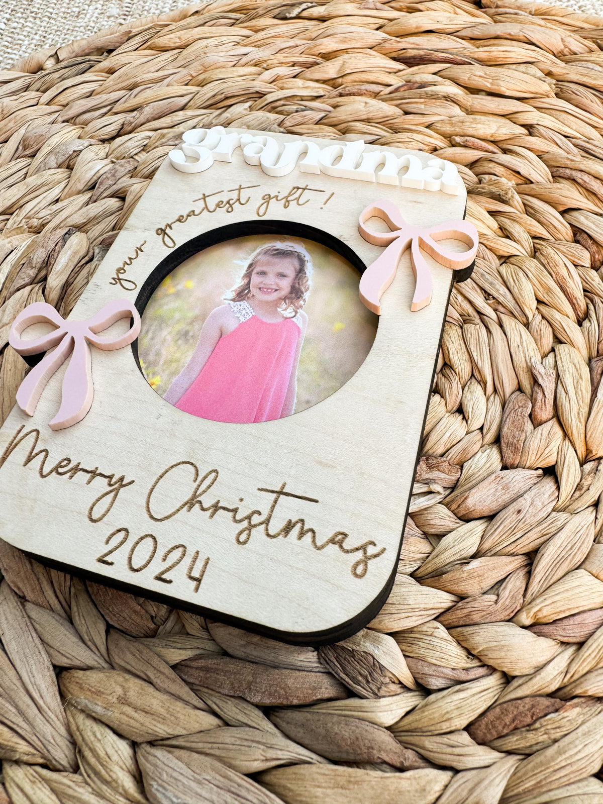Custom picture magnet gift with bow detail and wood frame for grandma keepsake