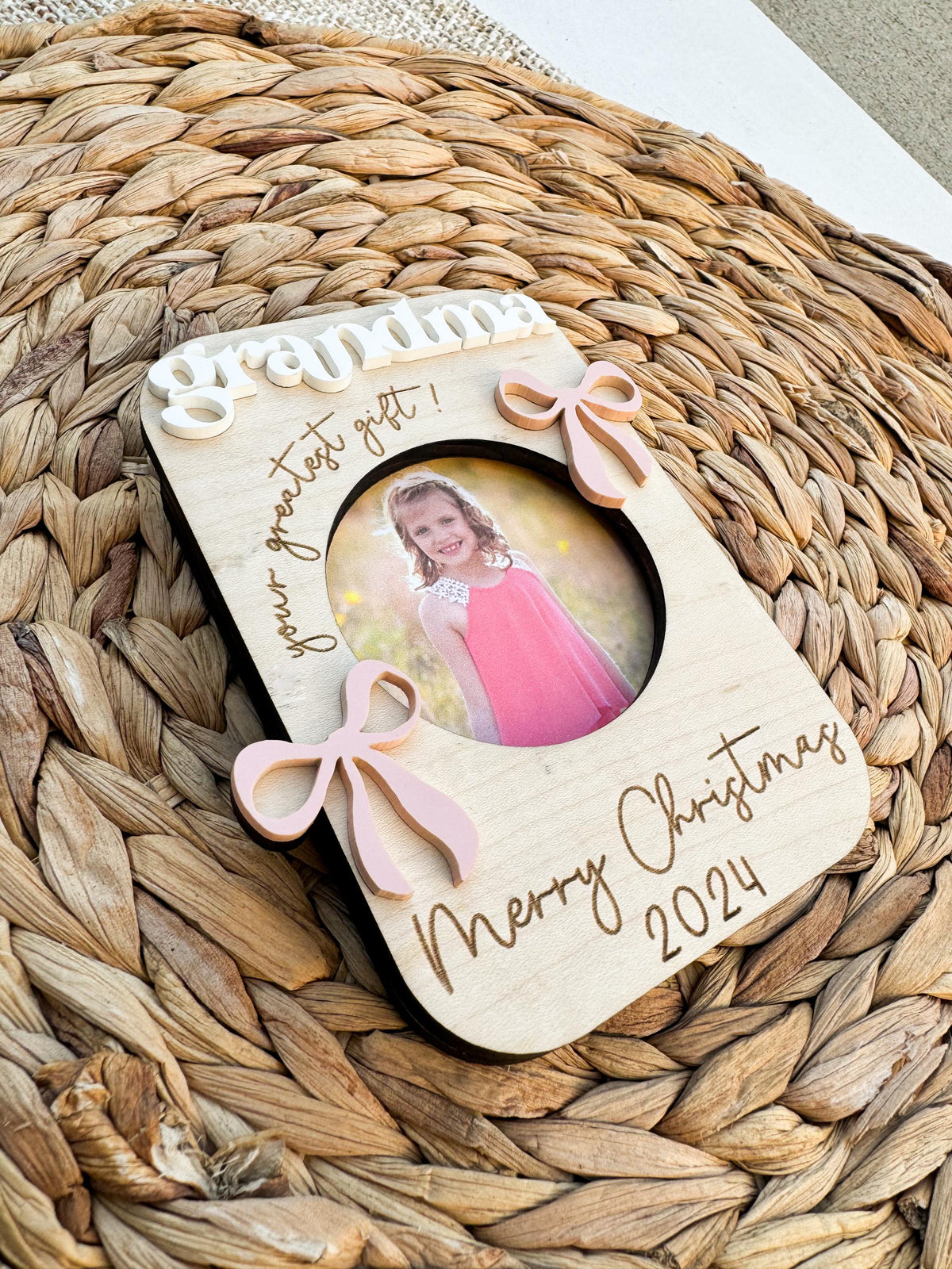 Engraved custom message photo magnet frame with bow accents and personalized text