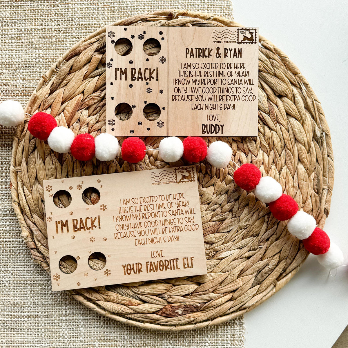 Two personalized wooden elf arrival postcards with I'm Back messages
